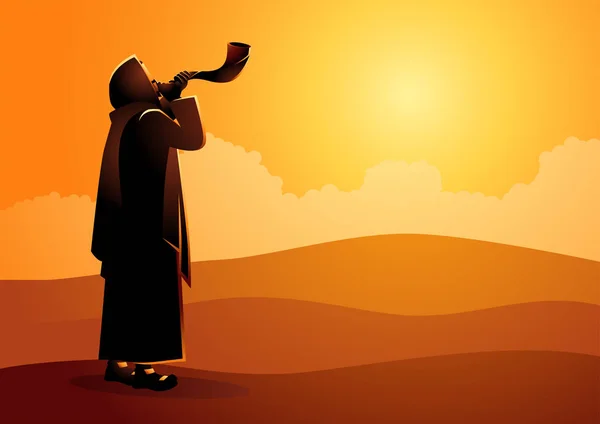 Joodse man waait de Shofar RAM s Horn — Stockvector