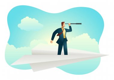 Kağıt uçağa teleskop kullanarak iş adamı