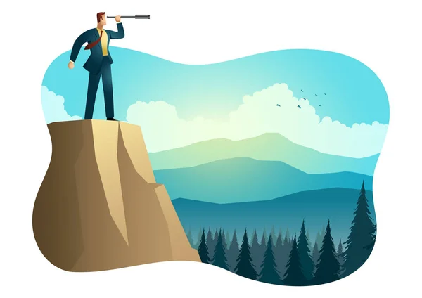 Empresario usando telescopio en la cima de la montaña — Vector de stock