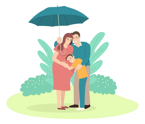 Father holding an umbrella for his family — Stock Vector
