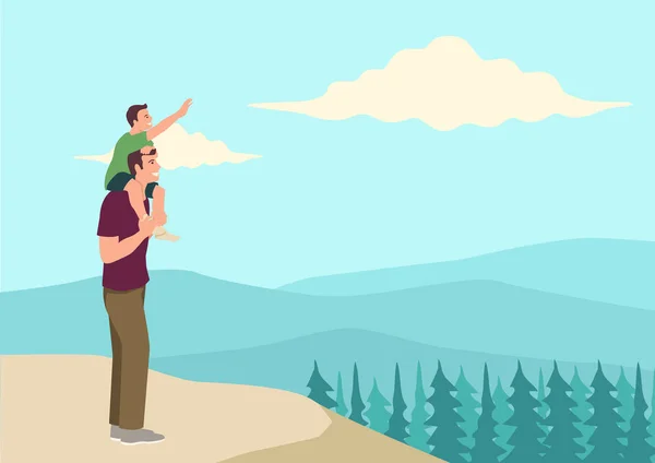 Feliz padre e hijo en la cima de la montaña — Vector de stock