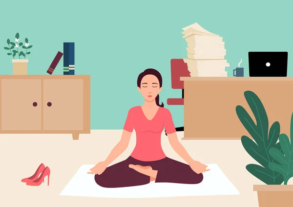 Empresaria haciendo yoga en la oficina — Vector de stock