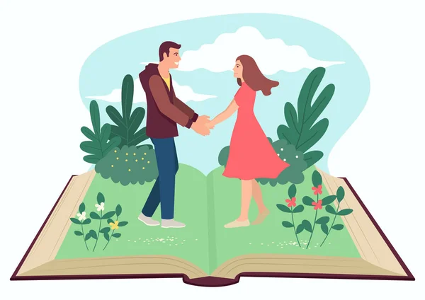 Man and woman holding hands on open book — Stock Vector
