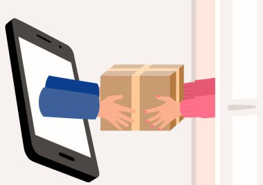 Illustration of hands come out of a smart phone screen delivering a package, online shopping concept clipart