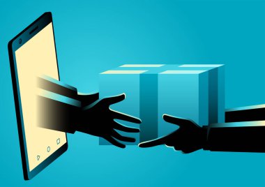 Vector illustration of hands come out of a smart phone screen delivering a package, online shopping concept clipart