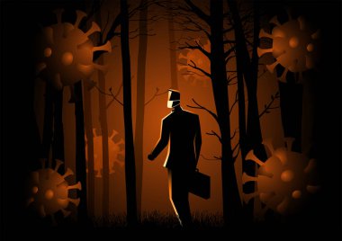 Elinde bavuluyla koronavirüsle karanlık ormana giren bir adamın iş konsepti. Covid-19 salgını nedeniyle iş dünyasındaki belirsizlik