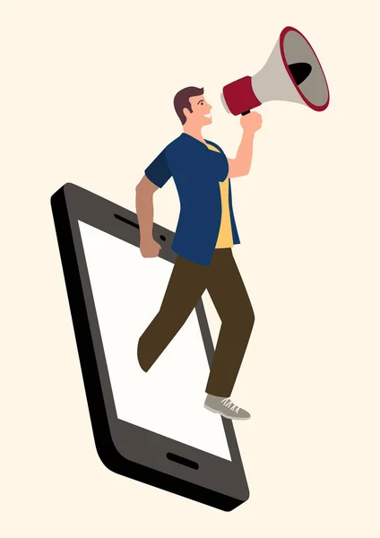 Simples Ilustração Vetorial Plana Homem Usando Megafone Sai Telefone Inteligente —  Vetores de Stock