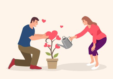 Çiftleri sulayan aşk bitkisinin basit düz çizgi film çizimi