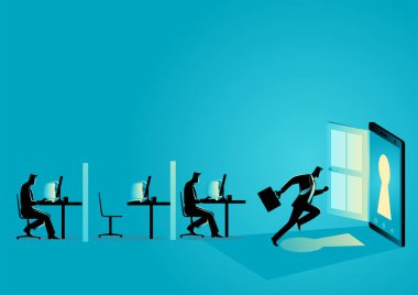 Diğer işadamları masalarında çalışırken, ekranında anahtar deliği olan akıllı bir telefona doğru koşan bir işadamının iş konsepti çizimi. Başlangıç, çevrimiçi, serbest çalışma kavramı