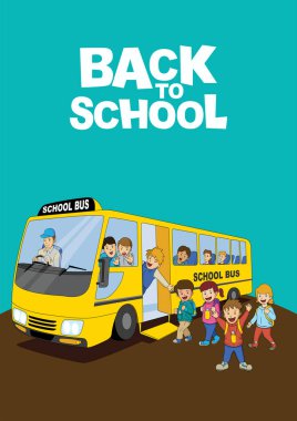 Okul otobüsüne binen çocukların basit düz çizgi film çizimi.