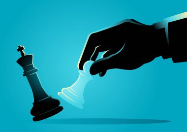 Bir iş adamının satrançta şahı tekmelemek için piyon kullanmasının iş konsepti.