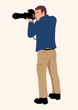Profesyonel DSLR kamera kullanan bir adamın basit düz çizgi film çizimi. Tele lens, yaratıcı meslek ya da mesleği olan.