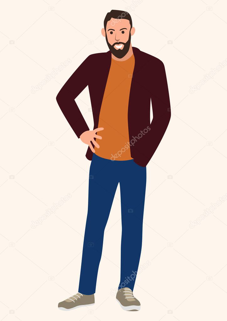 Simple flat cartoon vector illustration of a young man with beard
