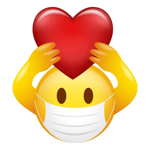Ilustração Vetorial Emoticon Usando Máscara Médica Segurando Símbolo Coração — Vetor de Stock