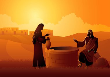 Biblical vector illustration of Jesus talking with Samaritan woman at the well clipart