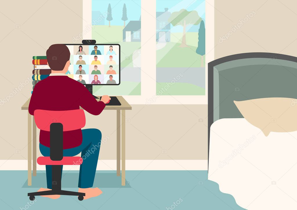 Simple flat vector cartoon illustration of a young boy online schooling, student having video conference with teacher and class group