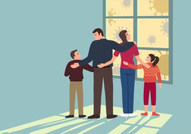 Basit düz vektör karikatür çizimi ailenizi Covid-19 salgınından korumak için evde birlikte kalın.