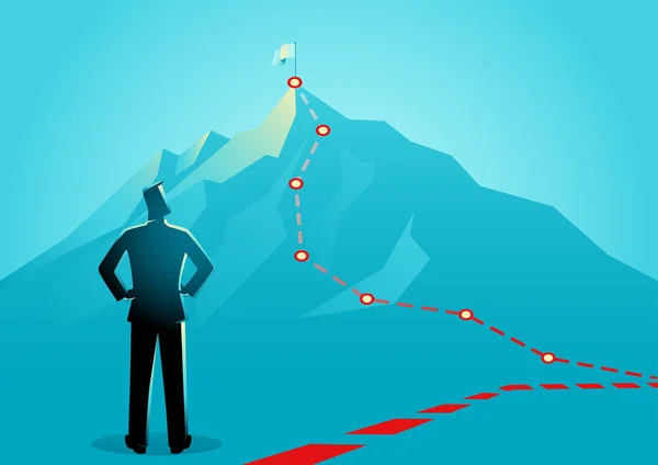 山の頂上につながる赤い線を見ているビジネスマンのビジネスの概念ベクトル図 — ストックベクタ
