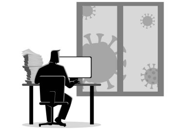 Coronavirus salgını sırasında evden çalışan bir adamın düz siyah beyaz vektör çizimi