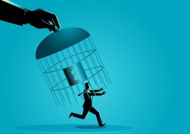 Koşan bir işadamını kuş kafesi ile yakalayan dev el, iş konsepti vektör çizimi
