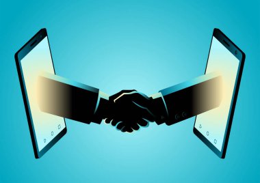 Akıllı telefon aracılığıyla iş anlaşmasının iş konsepti vektör illüstrasyonu
