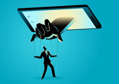 Vector illustration of smart phone controlling man. Social media, gadget, technology dependency concept clipart