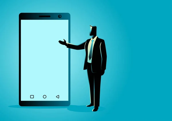 空白の画面のスマートフォンを提示ビジネスマンのベクトルイラスト — ストックベクタ