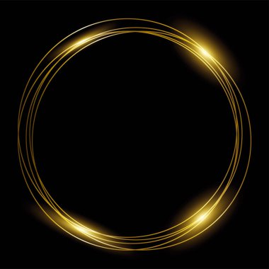 Siyah arkaplanda altın yüzüklerden oluşan yuvarlak bir çerçeve. Festivalsel çerçeve, Noel, etiket veya davet için şablon tasarımı