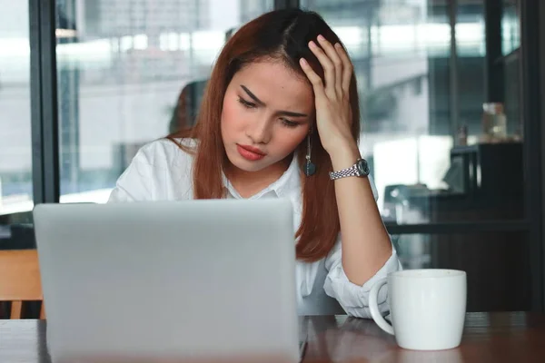 Front View Anxious Upset Young Asian Business Woman Suffering Severe — Stock Photo, Image