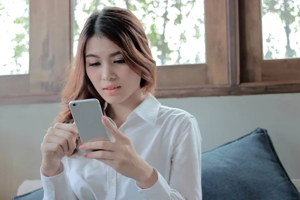 Selective Focus Hands Attractive Young Asian Woman Holding Mobile Smart — Stock Photo, Image