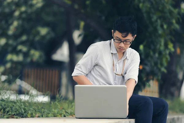 Vintage Toned Image Relaxed Young Asian Business Man Working Laptop — Stok Foto
