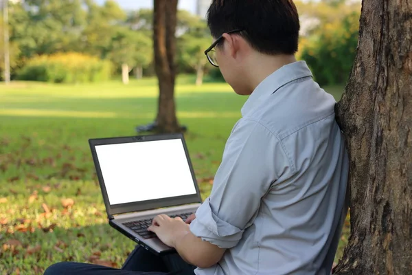 Portrait Smart Young Man Working Laptop Computer Summer Park — Stock Photo, Image
