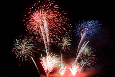 Gece gökyüzü arka plan üzerinde şenlikli renkli havai fişek. Kutlama tatil