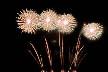 Gece gökyüzü arka plan üzerinde şenlikli renkli havai fişek. Kutlama tatil