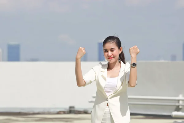 Successful Young Asian Business Woman Raising Arms — Stock Photo, Image