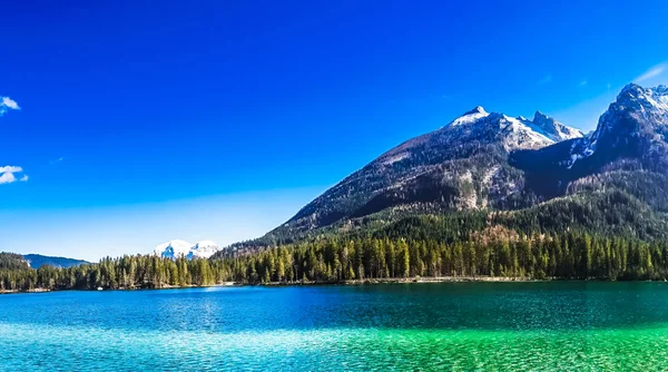 Bekijk Lake Hintersee Met Besneeuwde Bergen Alpen Door Berchtesgaden — Stockfoto