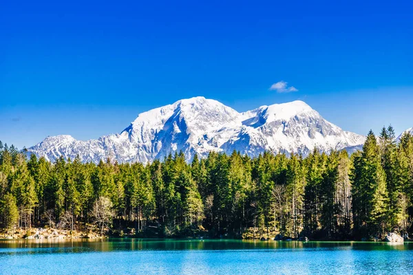 Bekijk Lake Hintersee Met Besneeuwde Bergen Alpen Door Berchtesgaden — Stockfoto