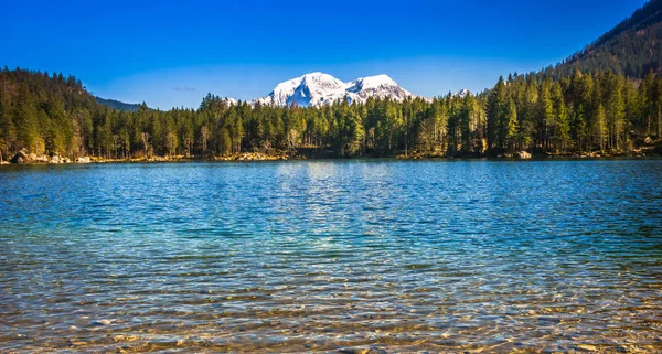 Bekijk Lake Hintersee Met Besneeuwde Bergen Alpen Door Berchtesgaden — Stockfoto