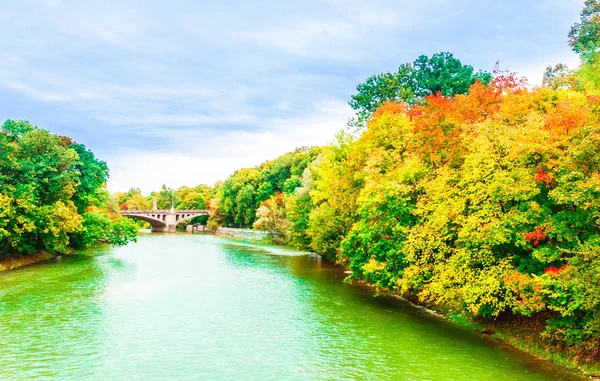 View Colorful Autumn Landscape Isar River Munich Bavaria Germany — Stock Photo, Image