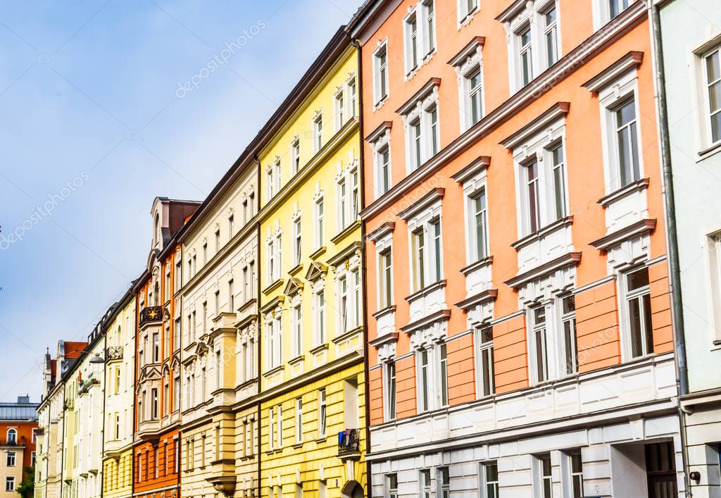View on colorful buildings in the quarter of Haidhausen in Munich - Germany