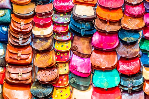 Vista Sobre Bolsas Artesanais Coloridas Souk Marrakech Marrocos — Fotografia de Stock