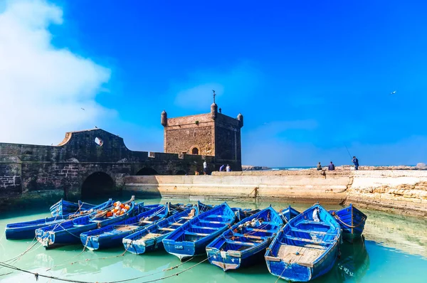 Bekijk Blauwe Fisher Roeiboten Haven Van Essaouira Marokko — Stockfoto