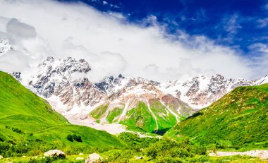 Valley of Shkhara Glacier with Shkhara, the highest mountain in Georgia behind. Svaneti, Caucasus clipart