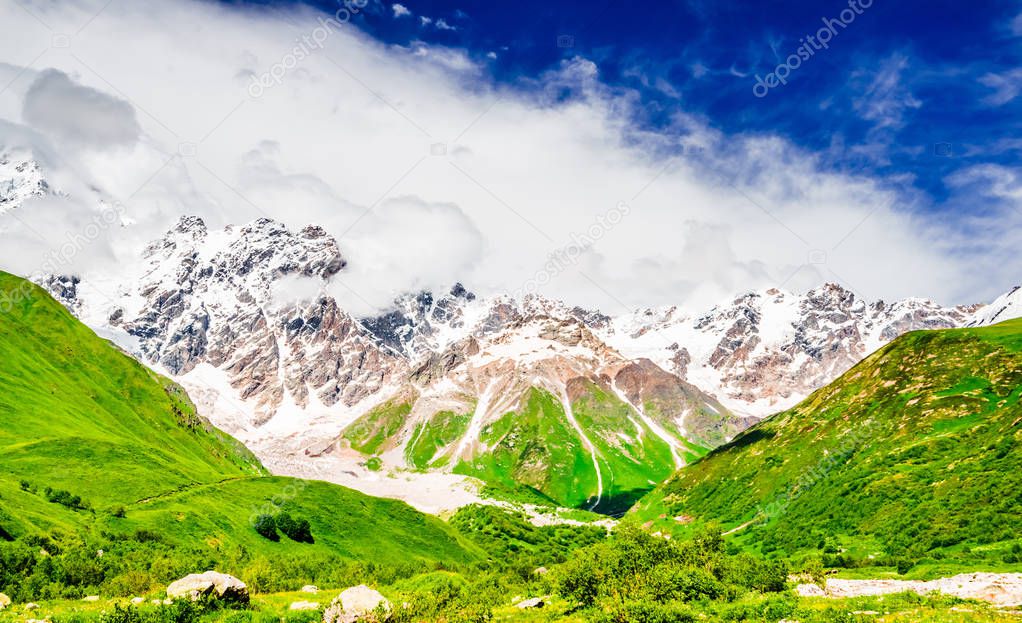 Valley of Shkhara Glacier with Shkhara, the highest mountain in Georgia behind. Svaneti, Caucasus