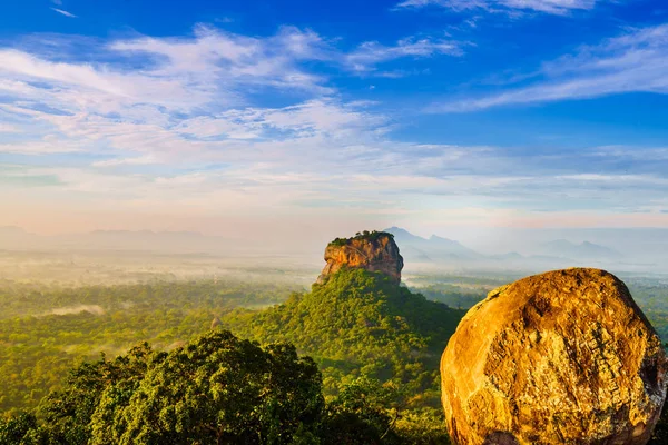 Sunrise view to Sigiriya rock - Lion Rock - from Pidurangala Rock in Sri Lanka — Stock Photo, Image