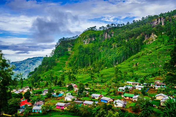 Çay tarlaları ve dağlar Haputale, Sri Lanka yakınındaki küçük köyde — Stok fotoğraf