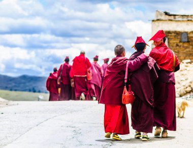 Tibetli çocuk Budist rahipler yürüyüş grubu