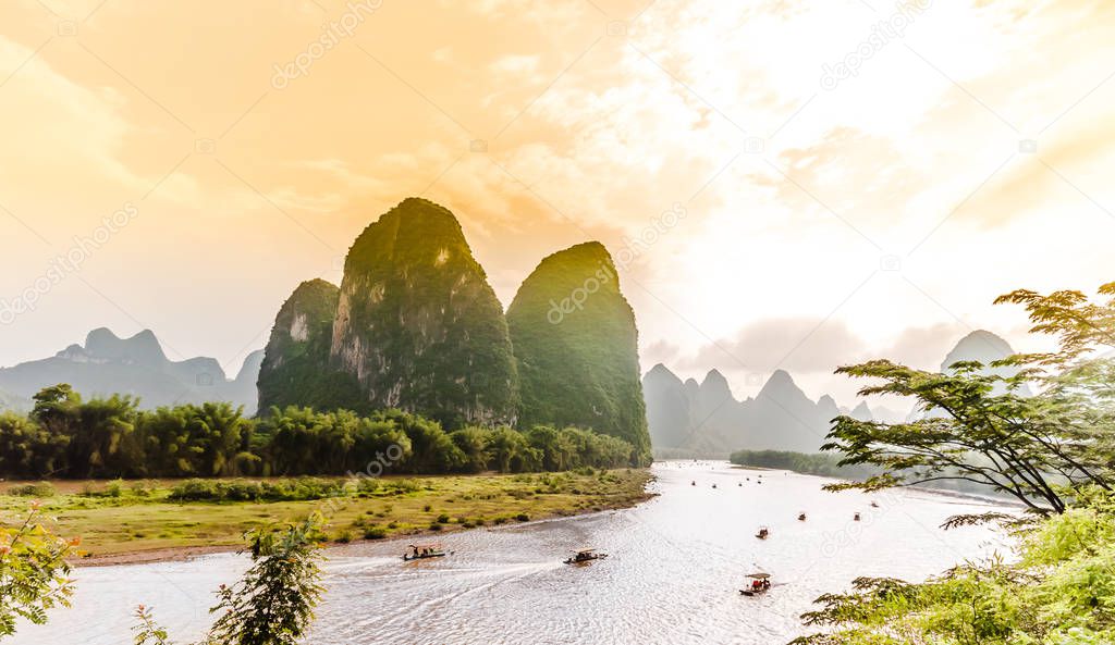 View on Karst mountains and limestone peaks of Li river in China