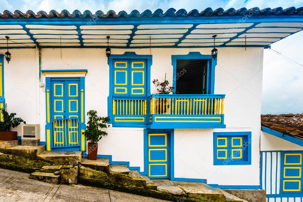 View on colourful colonial balcony of old town of Salento in Colombia
