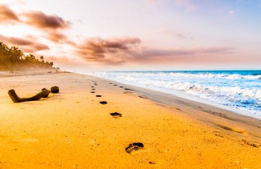 Foodsteps ve günbatımı Tayrona Kolombiya tarafından sahilde görüntüleme